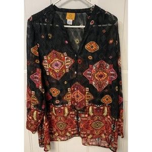 Ruby Rd Semi-Sheer Black Multi-color Geometric Print V-Neck Blouse Sz 14